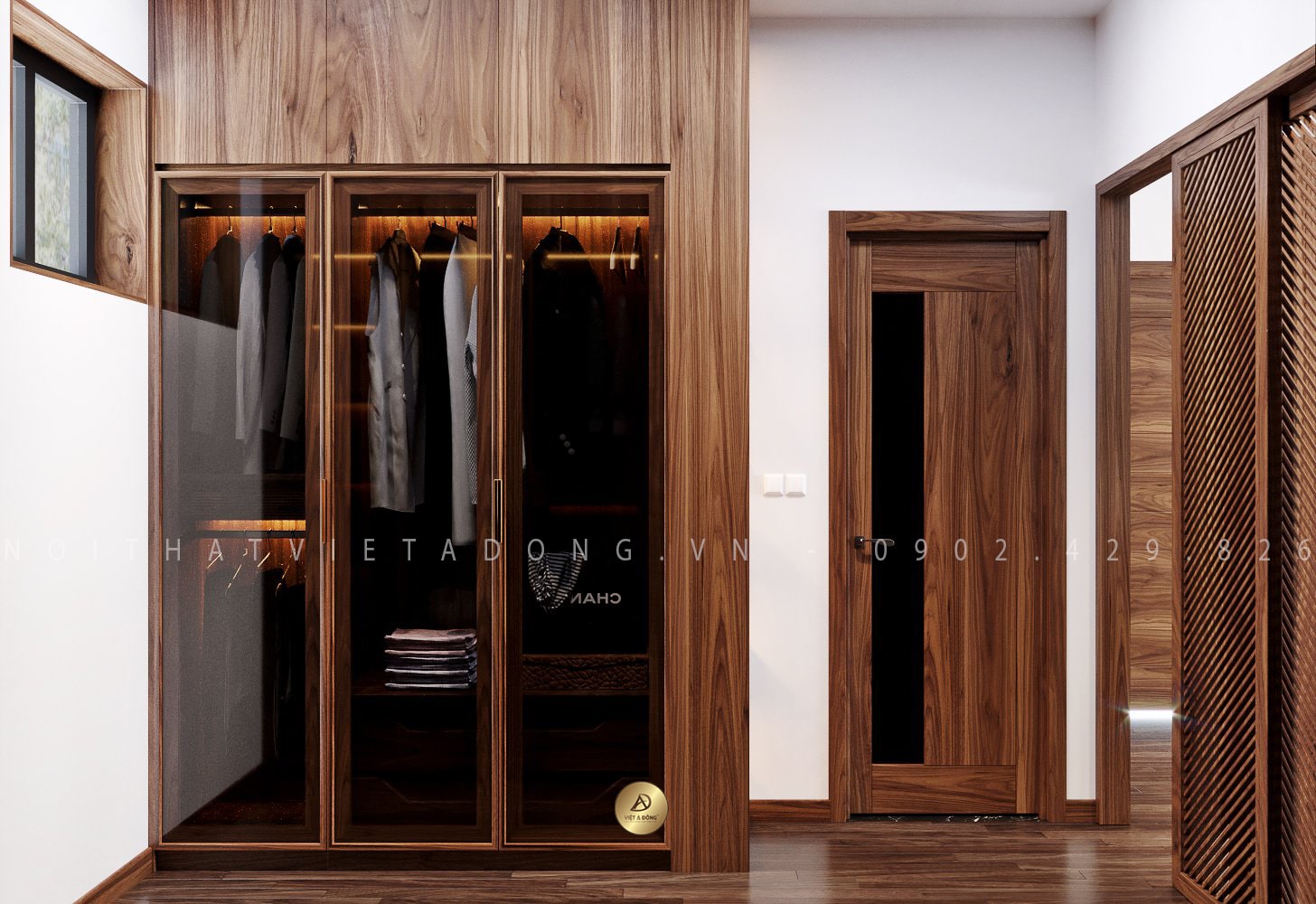 Tủ quần áo gỗ Óc Chó với thiết kế đơn giản
